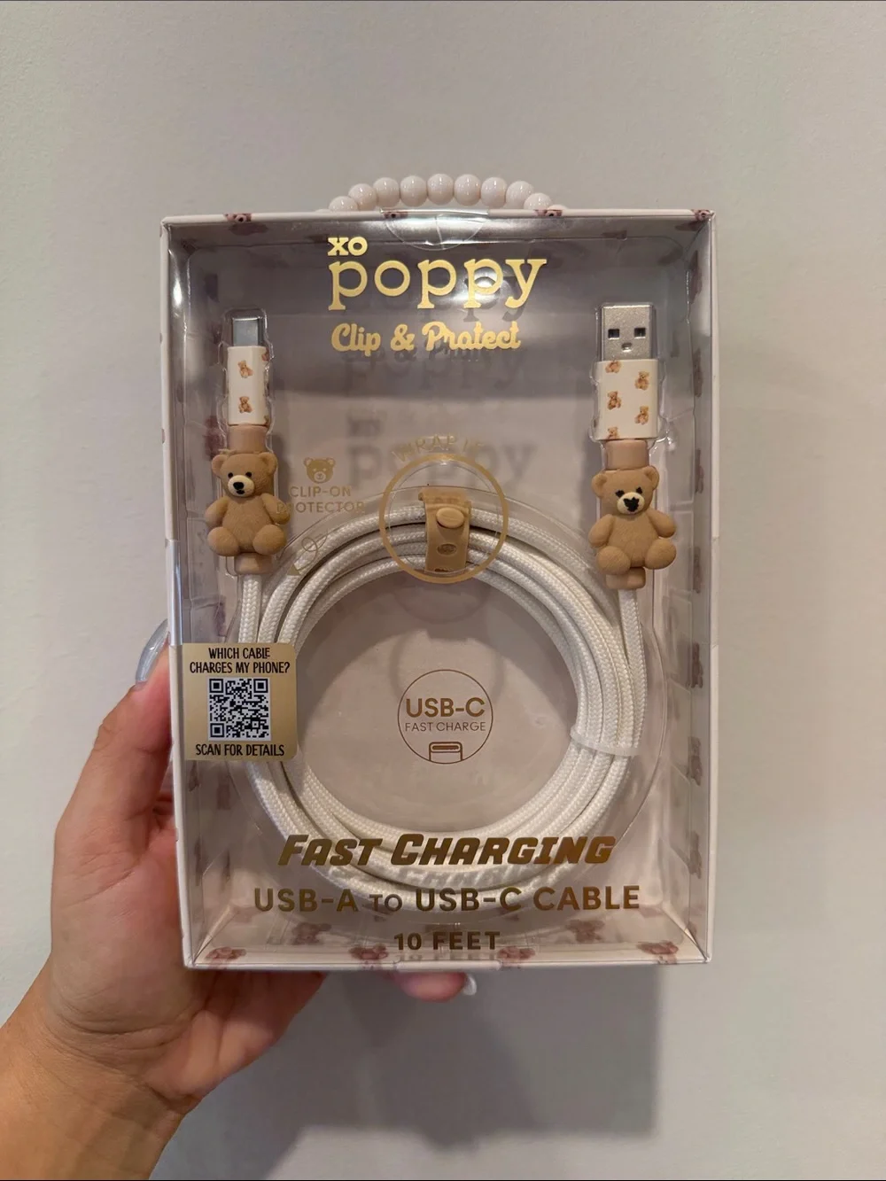 🐻 XO POPPY~Clip & Protect Fast Charging USB-A to USB-C Cable - White